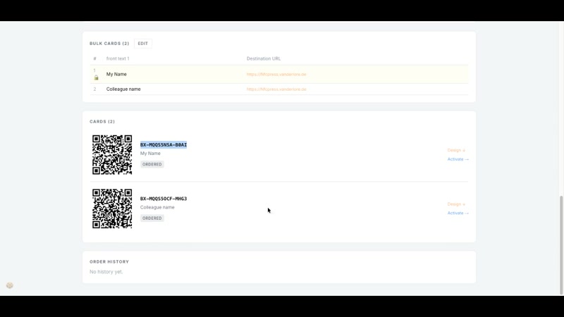 Admin panel cards list showing QR codes and card assignment status