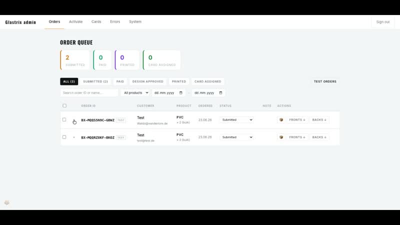 Admin panel order queue showing submitted orders with status filters