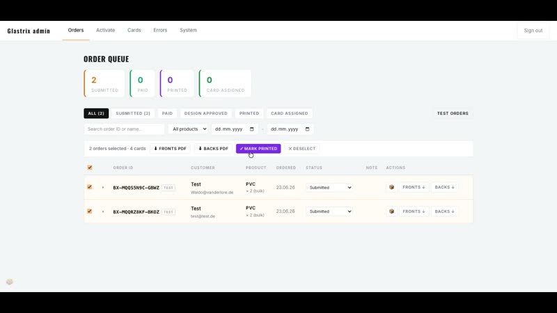 Admin panel with Fronts PDF and Backs PDF generation buttons