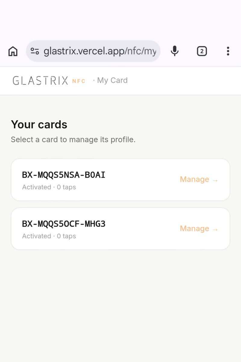 Card dashboard on mobile showing tap count and quick-action buttons