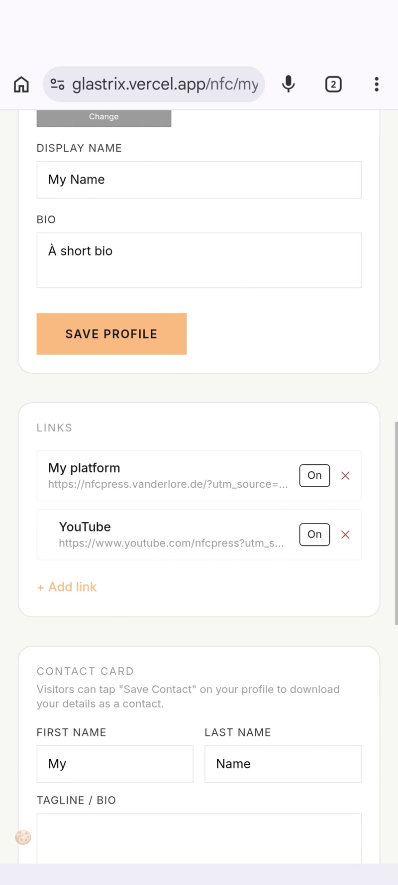 Links manager on mobile with drag handles and toggle switches