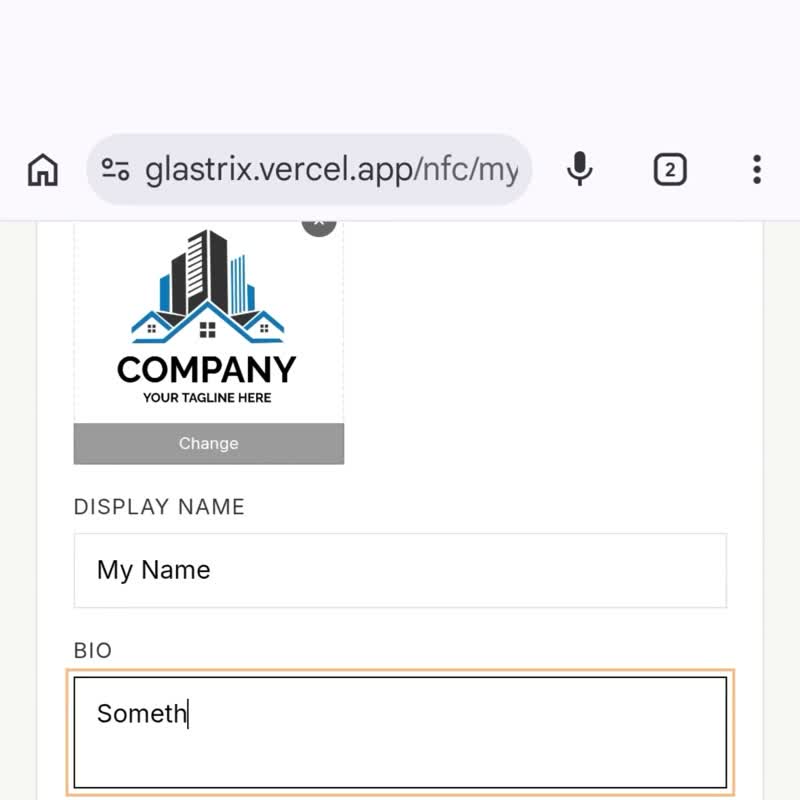 Profile editor on mobile showing name, title, bio and social links